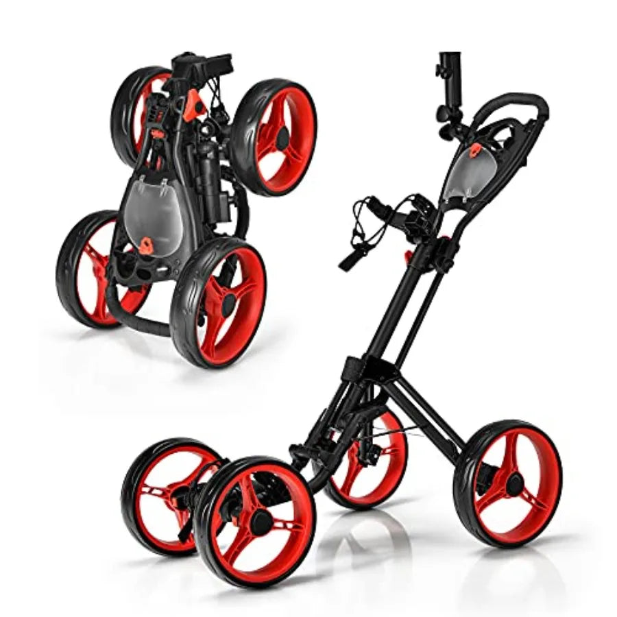 Folding Golf Push Cart 4 Wheel Height Adjustable with Flexible Umbrella Holder Cup Holder and Foot Brake Lightweight Portable G