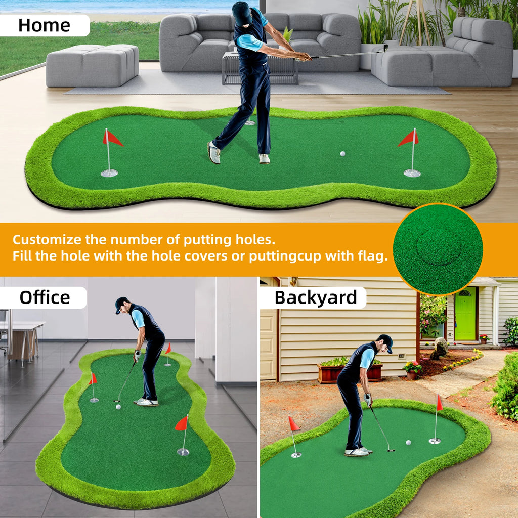 Roykaw Golf Putting Green, 5 x 10 Ft. Golf Putting Mat, Golf Practice Mat, Golf Green Mat w/ 3 Holes, Flags, Slope Sponges