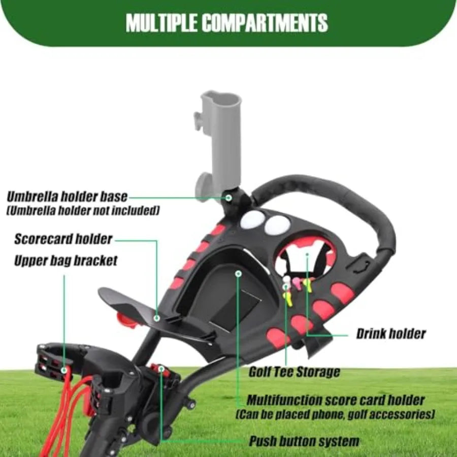 GC408 Folding Golf Push Cart 3 Wheel Lightweight Golf Trolley for Golf Clubs and Bag with Cup Holder Scorecard Holder Storage C