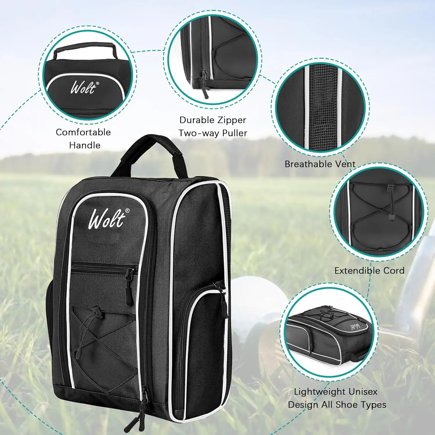 Travel Golf Shoe Bag with Ventilation & Double Pockets for Socks, Tees, Balls - Unisex Black