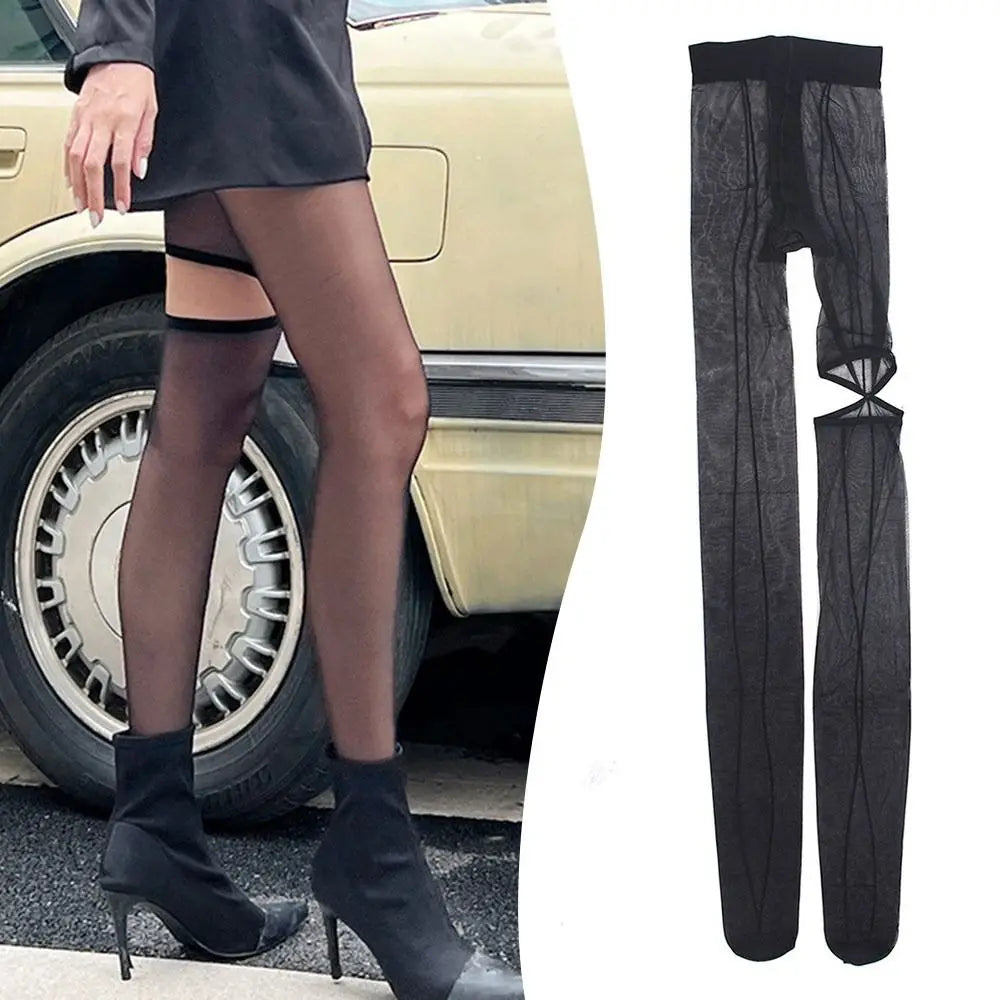 NEW Personality High Pantyhose Asymmetry Leggings Female Stockings Perspective Hollow Out Hottie Sexy Tights Girl