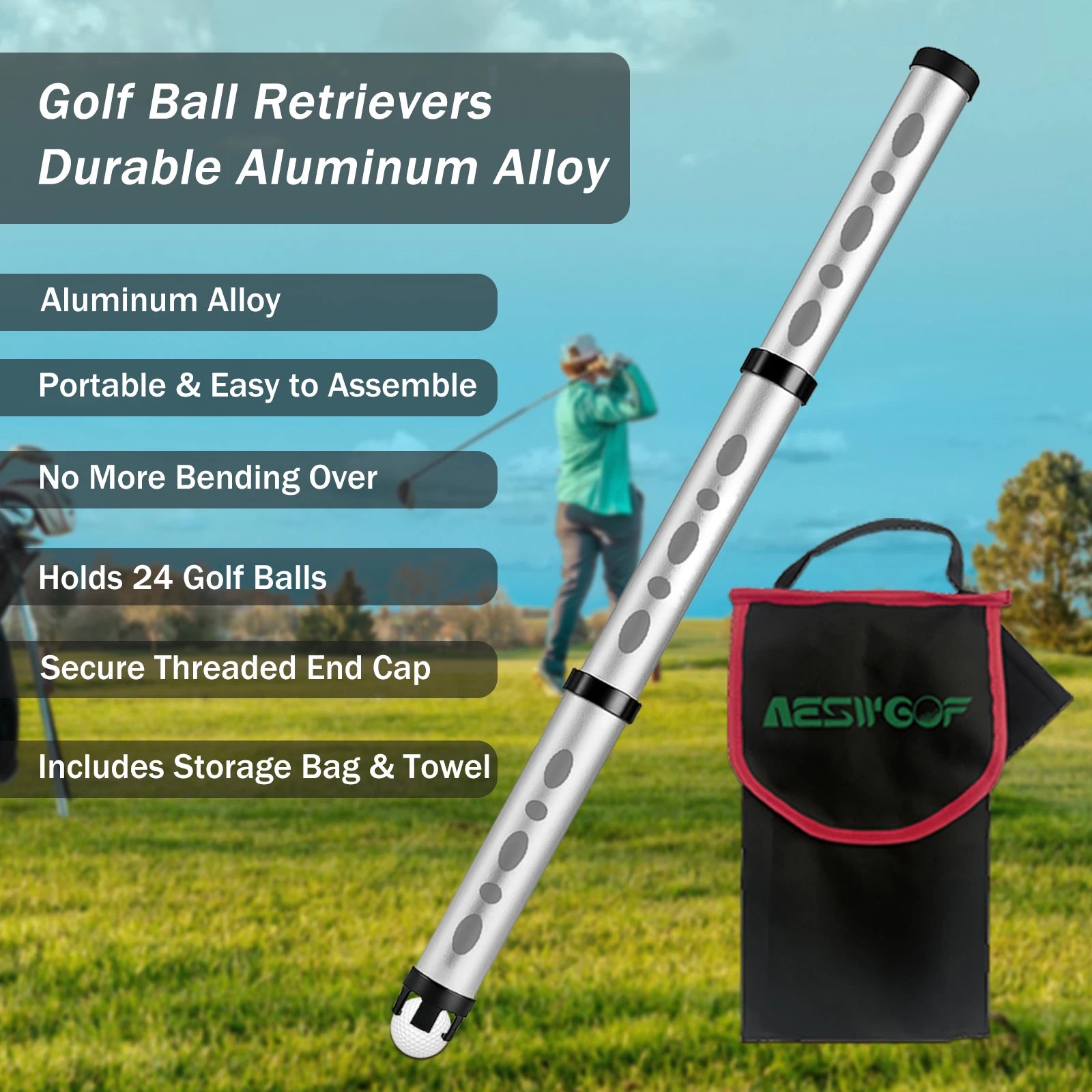 Golf Ball Retriever Aluminum Picker Upper Durable & Portable Ball Collector Tube Holds 24 Golf Balls with Carry Bag & Ball Towel