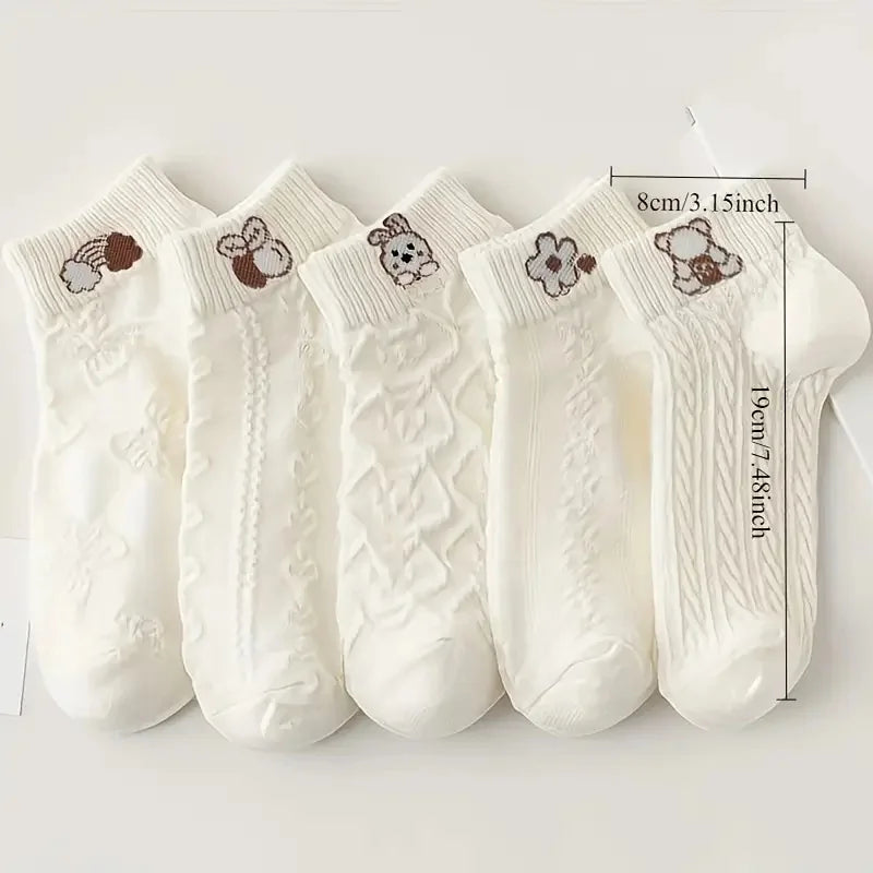 5 Pairs of White Cartoon Pattern Socks with Cartoon Bear and Floral Patterns - Soft, Machine Washable, Suitable for All Seasons