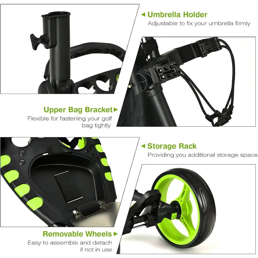 Height Adjustable Portable Golf Push Cart with Umbrella Holder Waterproof Bag Builtin Cooler Foot Brake for Easy Transport and