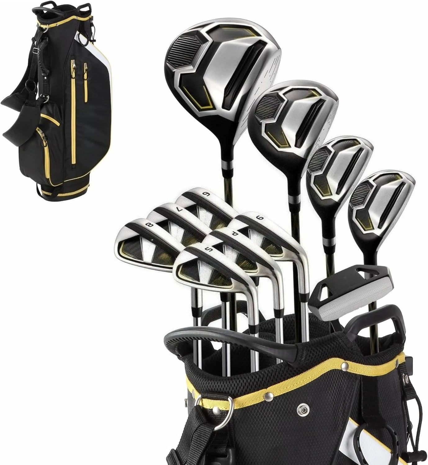 Men’s 17-Piece Golf Set – Driver, Woods, Hybrids, Irons (6-SW), Putter, Stand Bag, 4 Headcovers and Rainhood