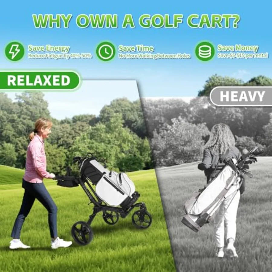 Golf Push Cart with 360 Front Wheels Handbrake 3 Wheel Pull Cart Offers One-Click Folding and All-Terrain Mobility