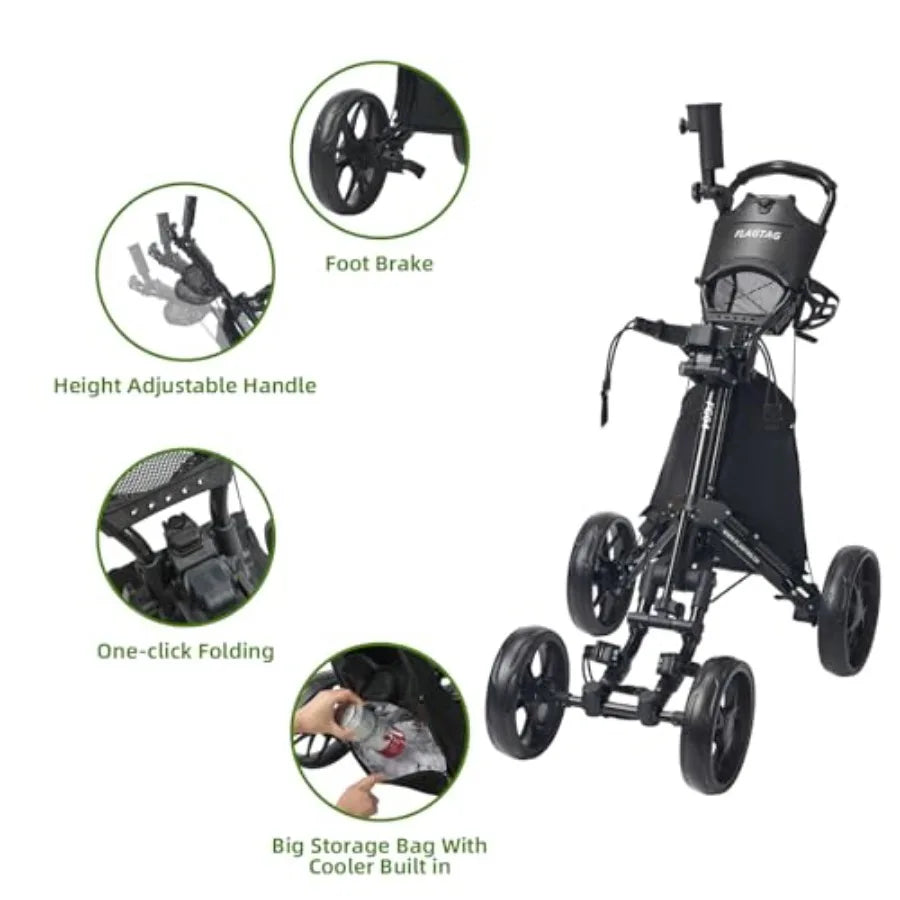 Folding Golf Push Cart 4-Wheels Adjustable Height Handle Cup Holder Umbrella Holder Cooler Bag One-Click Foldable Walking Push