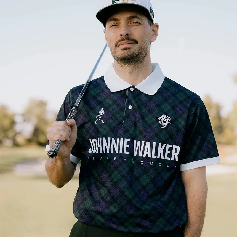 Golf quick dry blue and green plaid portrait embroidered casual short sleeve T-shirt POLO shirt