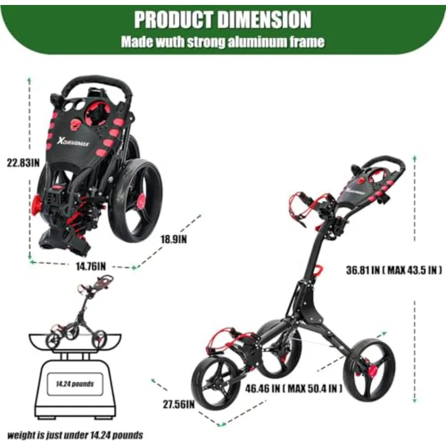 GC408 Folding Golf Push Cart 3 Wheel Lightweight Golf Trolley for Golf Clubs and Bag with Cup Holder Scorecard Holder Storage C