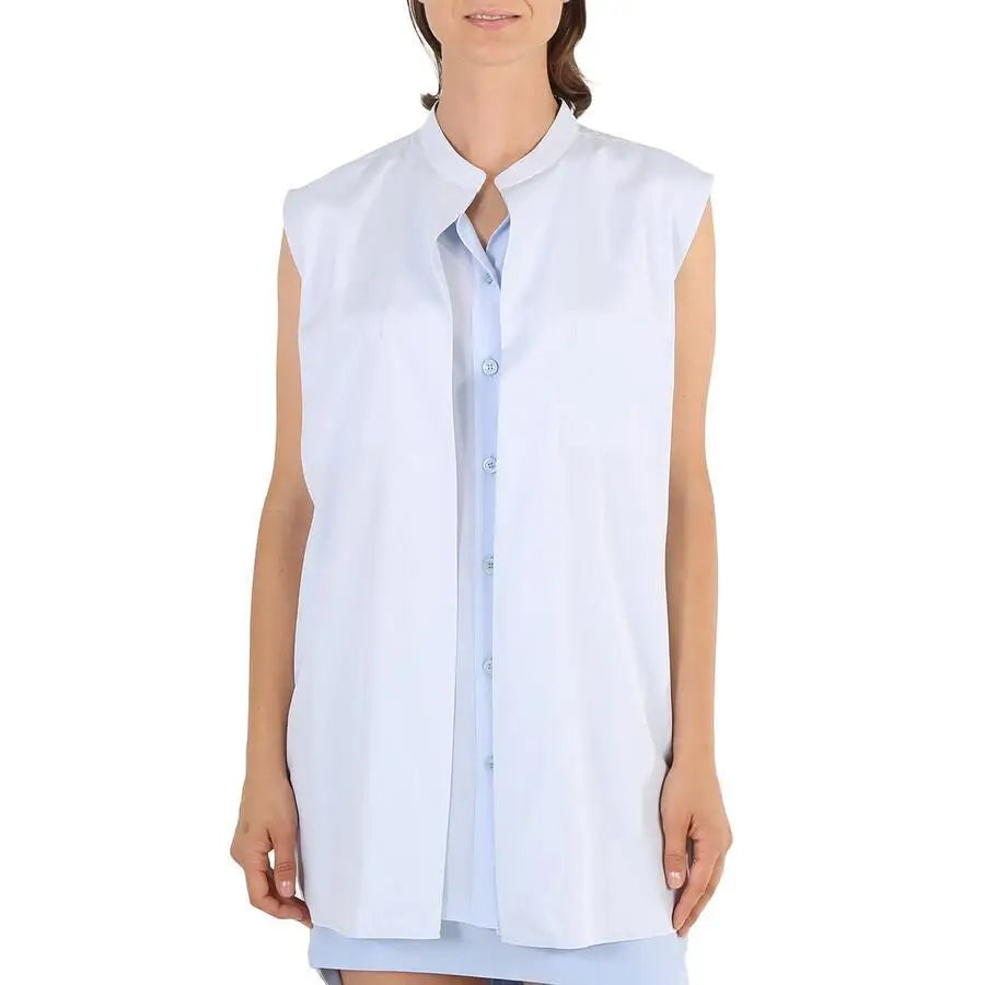 Burberry | Ladies Pale Blue Suziesl Logo Detail Sleeveless Silk Crepe De Chine Shirt