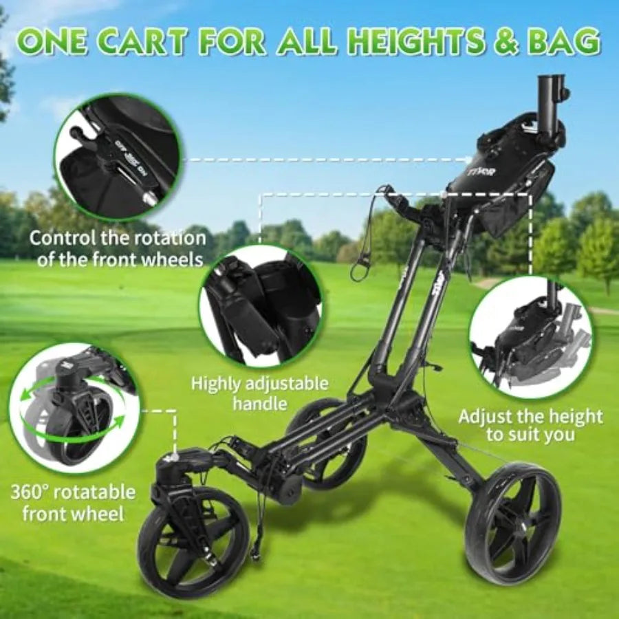 Golf Push Cart with 360 Front Wheels Handbrake 3 Wheel Pull Cart Offers One-Click Folding and All-Terrain Mobility