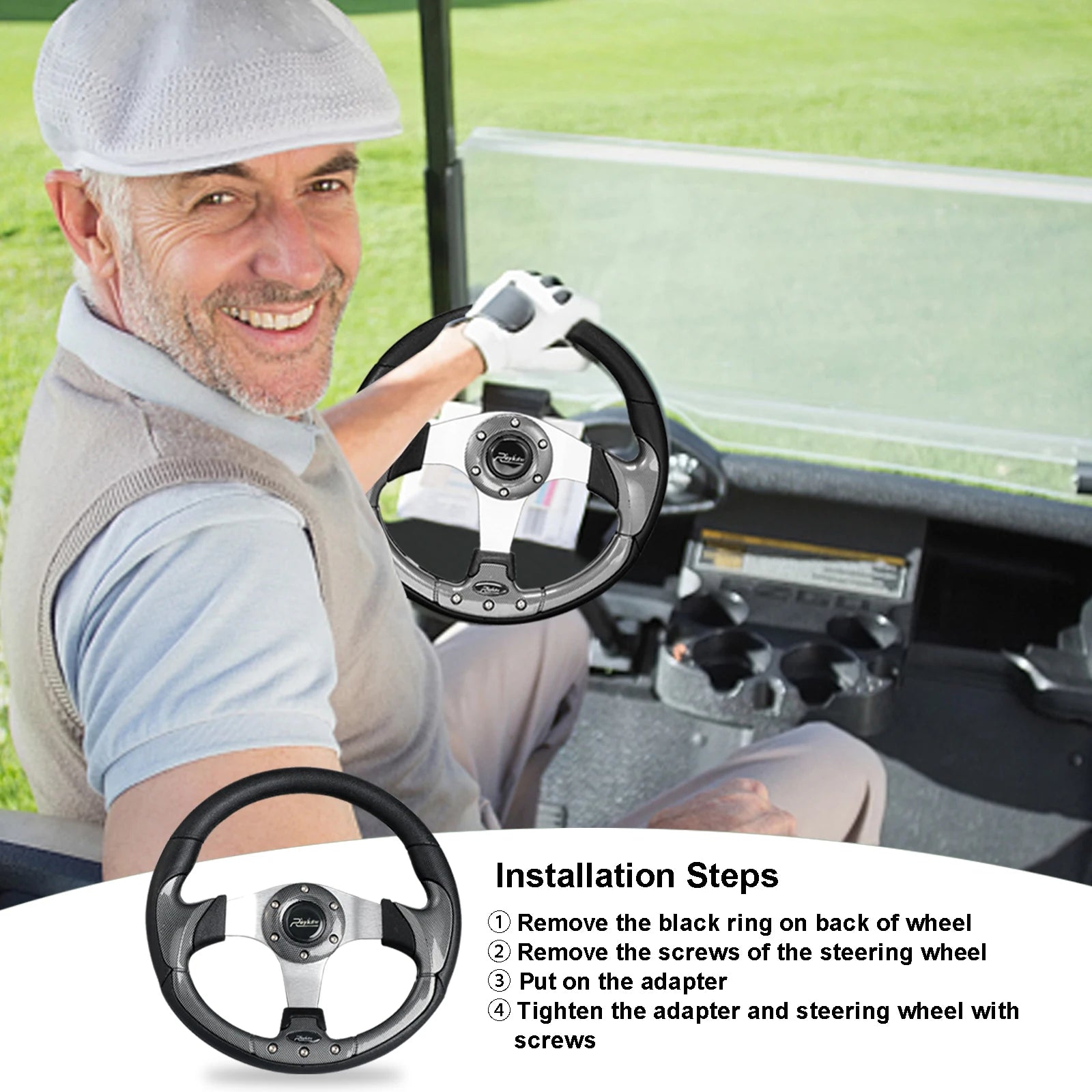 Roykaw Golf Cart Steering Wheel Fit for EZGO TXT/RXV, Club Car DS/Precedent/Tempo, Yamaha G29/Drive/Drive2 & Most Golf Carts