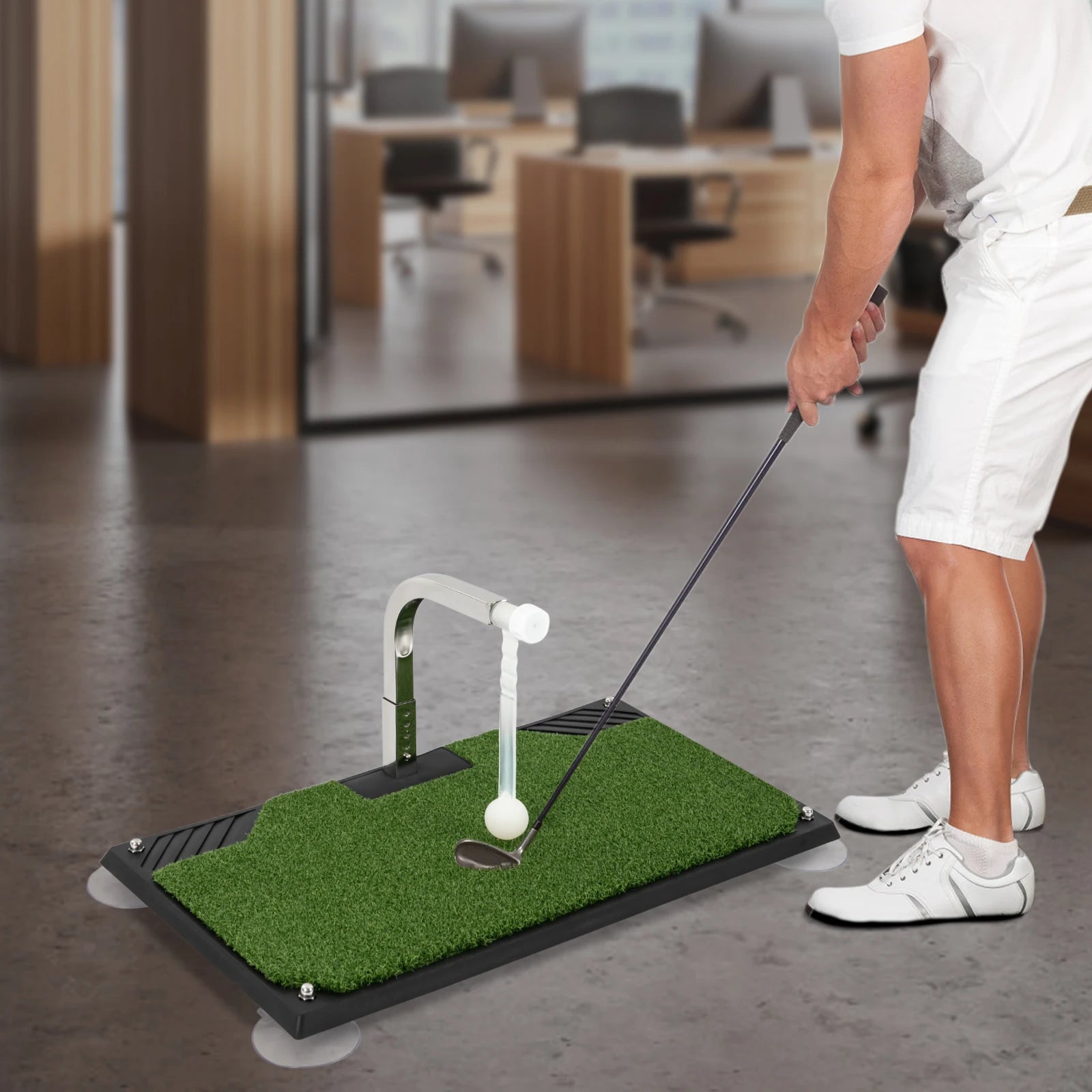 Flat Golf Swing Trainer, Golf Swing Trainer, Indoor Golf Practice Aid with 360° Auto Return, 5 Height Adjustable Tee, Foldable