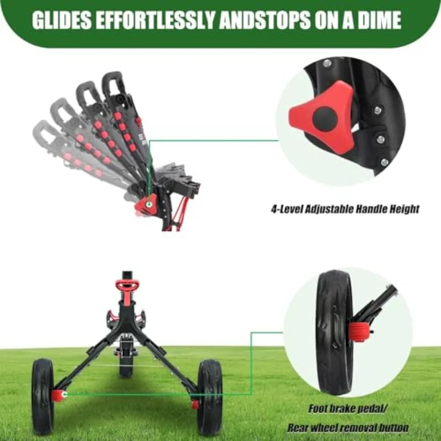 GC408 Folding Golf Push Cart 3 Wheel Lightweight Golf Trolley for Golf Clubs and Bag with Cup Holder Scorecard Holder Storage C