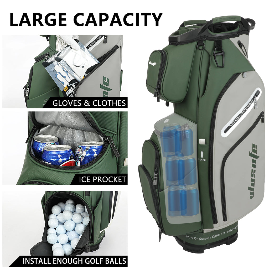 PU Leather Lightweight Men Women Blue White Black Green Golf Bag,Multiple 10 Pockets 14-Way Dividers Cooler Pouch Golf Cart Bag