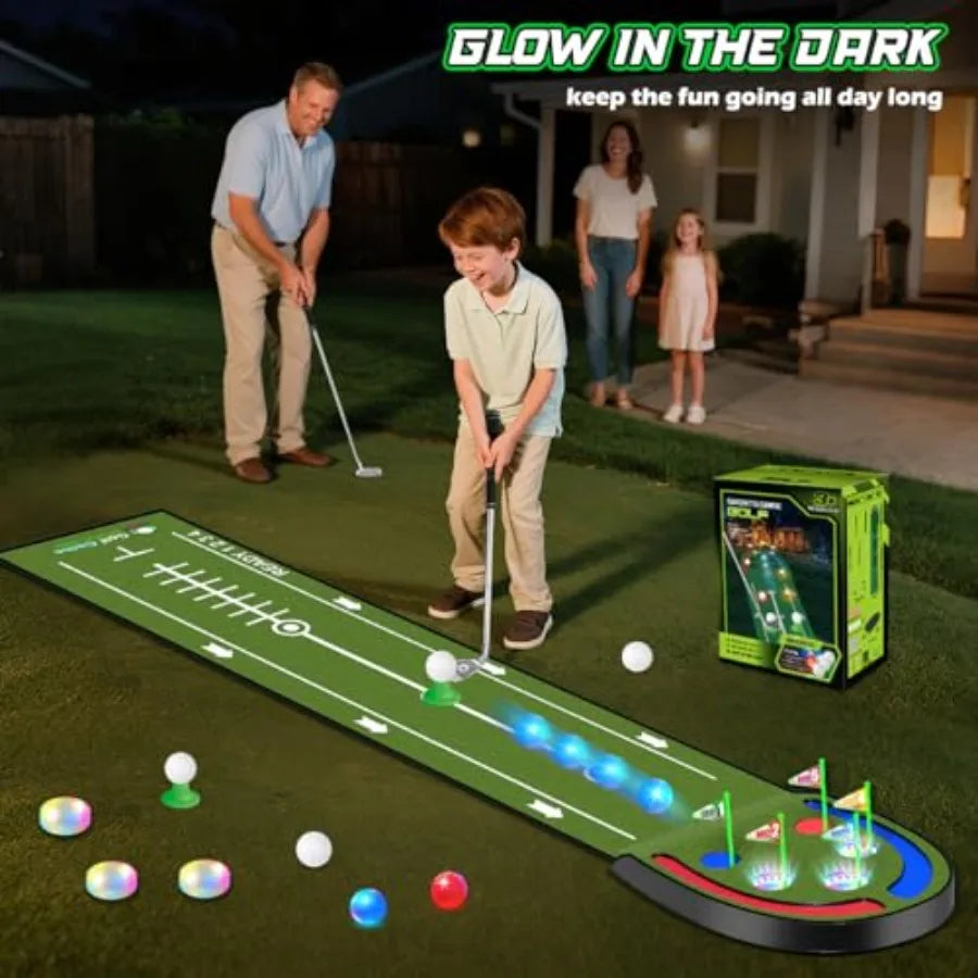 Indoor Outdoor Golf Putting Mat for 7.8 Ft with LED Light Up Holes Glowing Balls 2 Clubs Toy Golf Game Set Green Sport Training