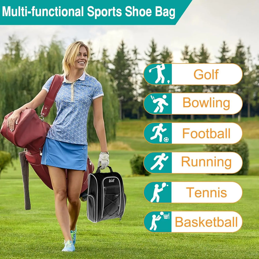 Travel Golf Shoe Bag with Ventilation & Double Pockets for Socks, Tees, Balls - Unisex Black