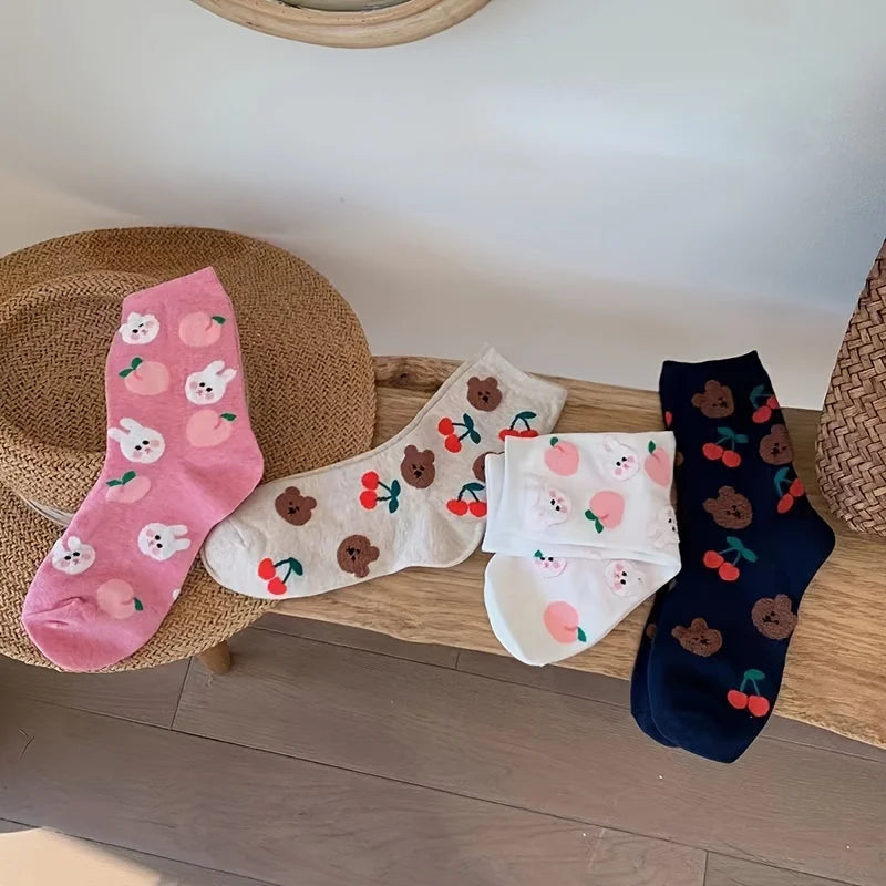 4 pairs of spring and summer soft cute girl long socks cute cartoon bear rabbit student female Korean version medium tube socks