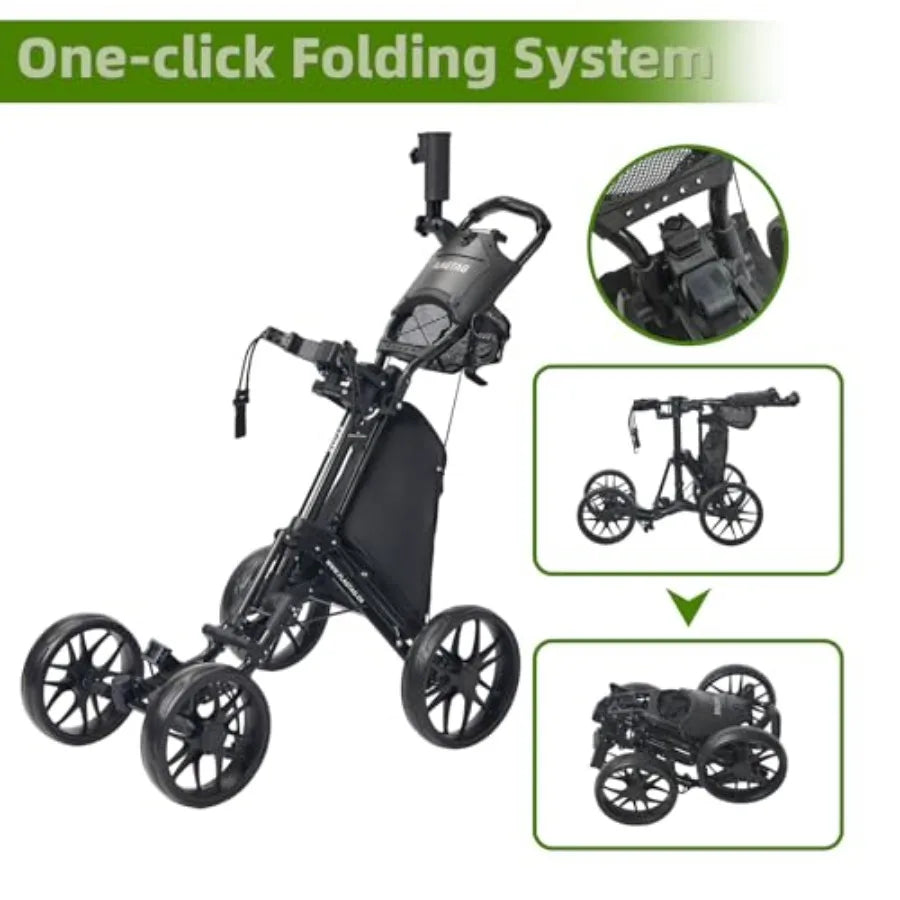 Folding Golf Push Cart 4-Wheels Adjustable Height Handle Cup Holder Umbrella Holder Cooler Bag One-Click Foldable Walking Push