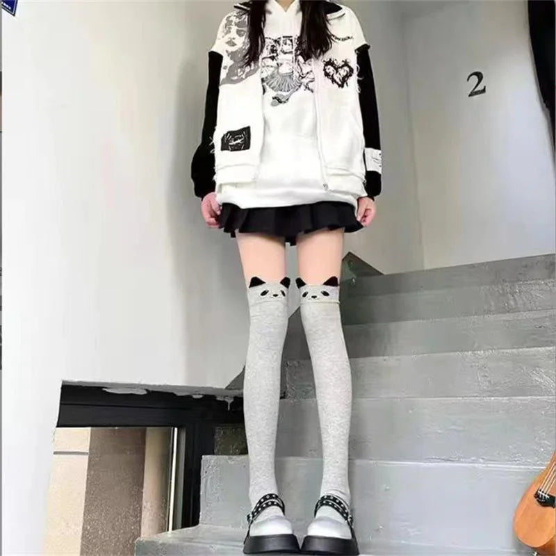 Women's Cute Black Cat Printed Silk Knee Socks Casual Thigh Cotton Warm High Over Knee Socks Cute Romantic Socks Lady Cat