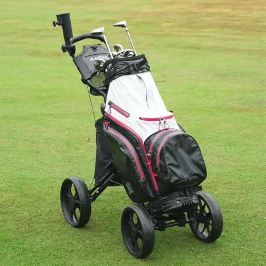 Folding Golf Push Cart 4-Wheels Adjustable Height Handle Cup Holder Umbrella Holder Cooler Bag One-Click Foldable Walking Push