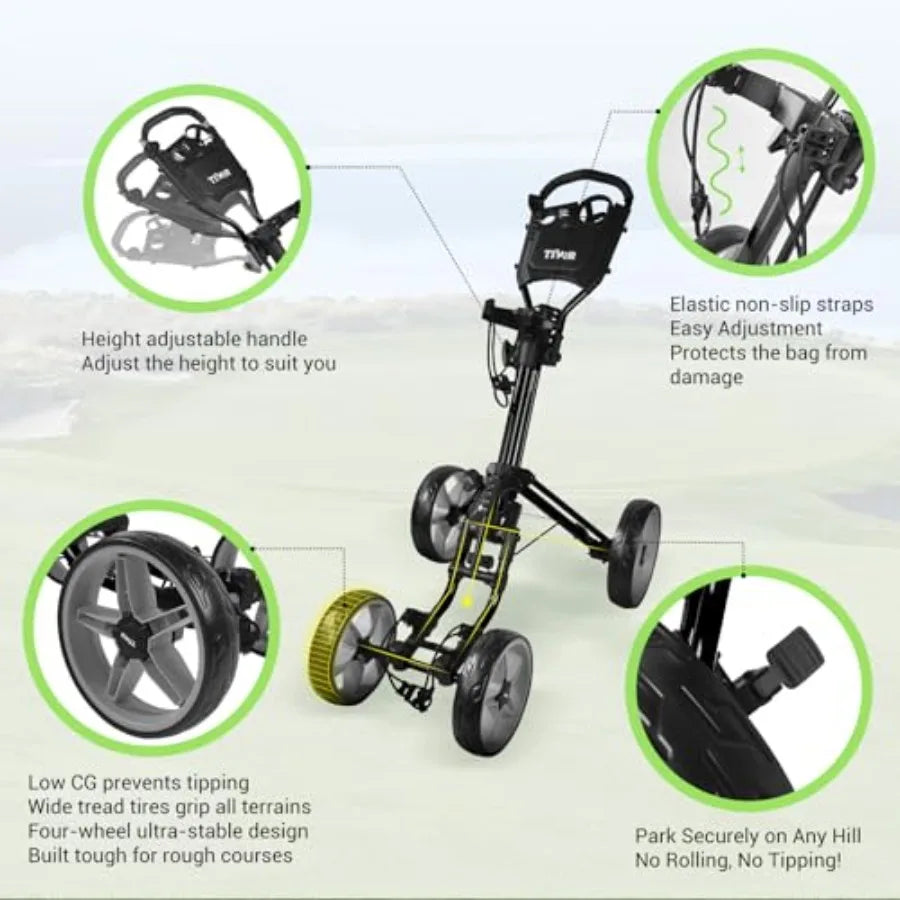 Lightweight 4-Wheel Foldable Golf Push Cart for Adults and Juniors with Ergonomic Adjustable Handle Scorecard Holder Umbrella M