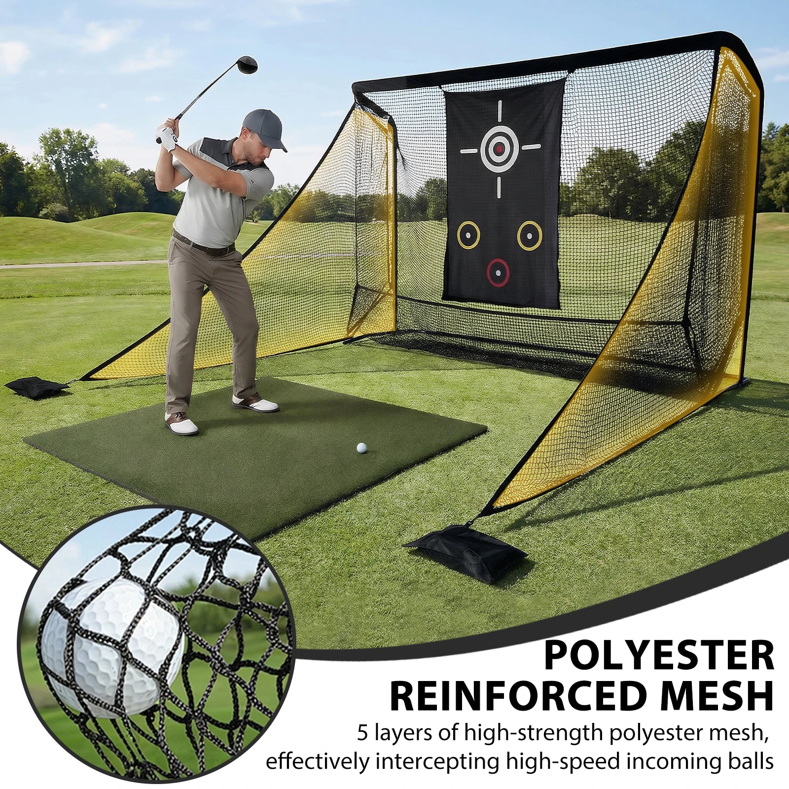 10x7ft Golf Hitting Aid Net with 2 Side Barriers & Storage Bag Golf Practice Net for Backyard Outdoor Driving Chipping Practice