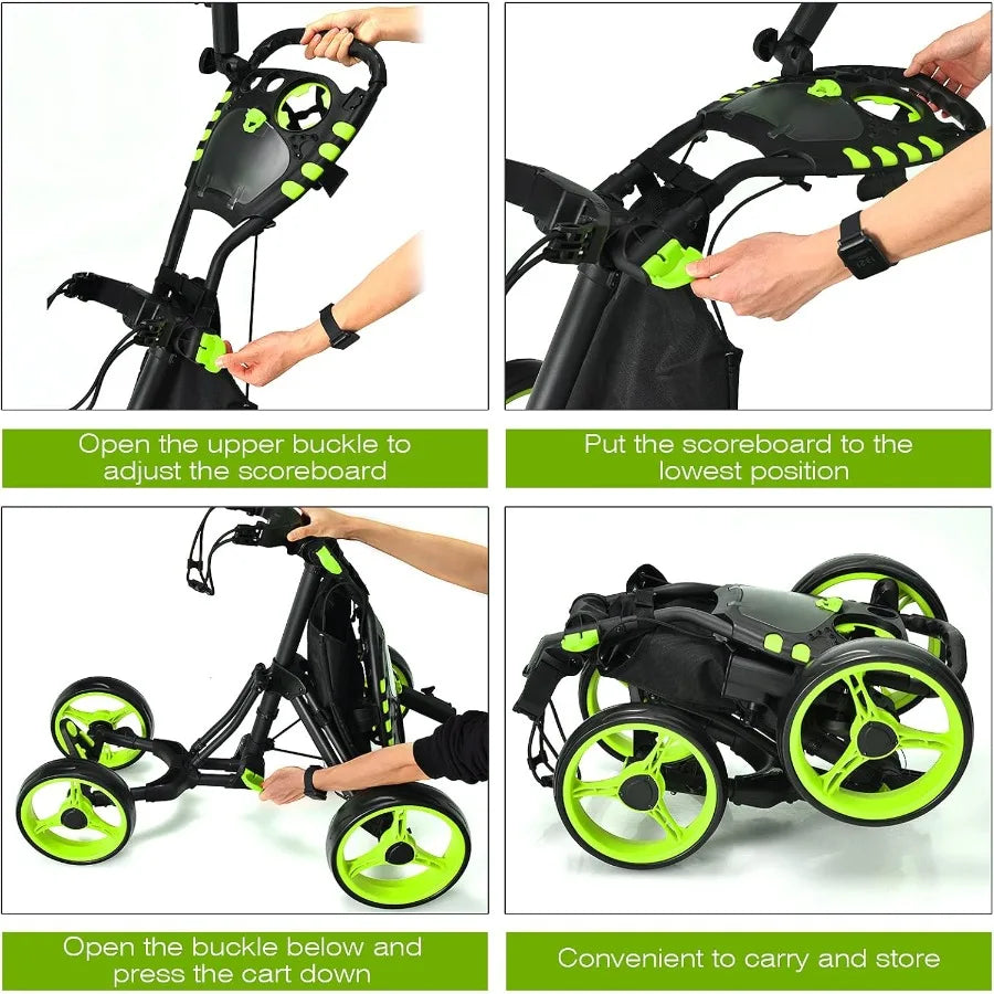 Height Adjustable Portable Golf Push Cart with Umbrella Holder Waterproof Bag Builtin Cooler Foot Brake for Easy Transport and