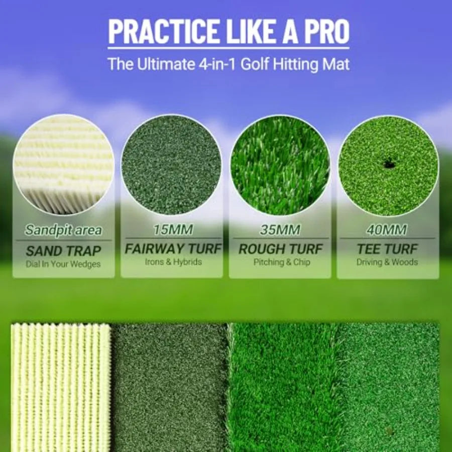 4in1 Golf Hitting Mat for Indoor and Outdoor Use: Realistic Grass and Sand Surface for Putting Driving Chipping Practice with B