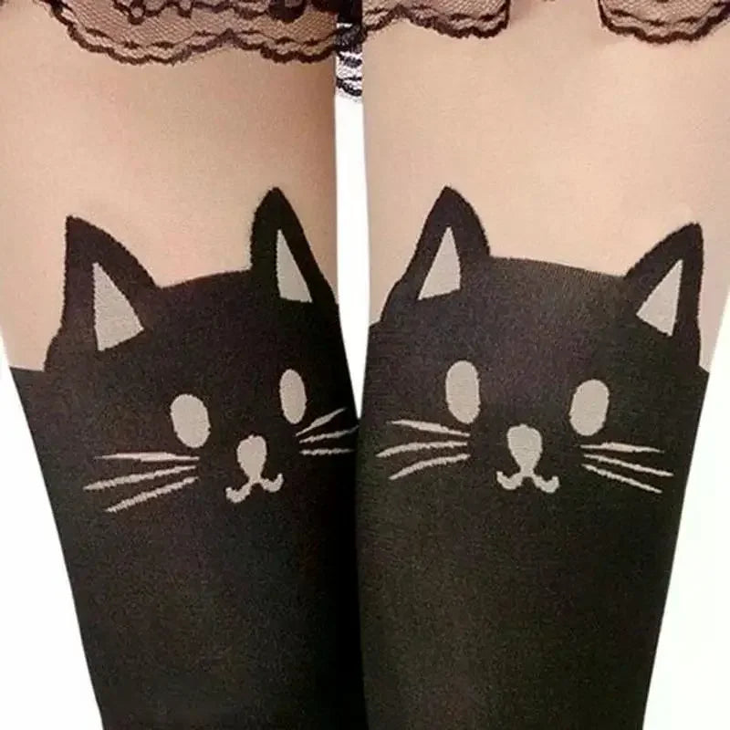 Women's Cute Black Cat Printed Silk Knee Socks Casual Thigh Cotton Warm High Over Knee Socks Cute Romantic Socks Lady Cat