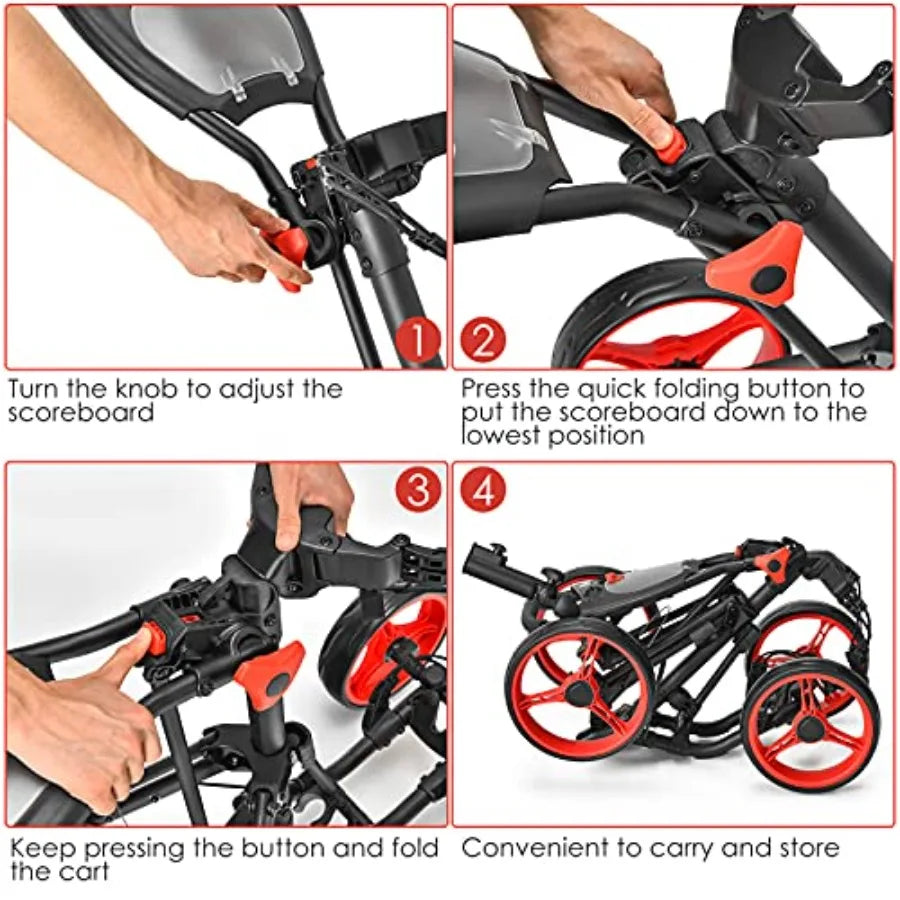 Folding Golf Push Cart 4 Wheel Height Adjustable with Flexible Umbrella Holder Cup Holder and Foot Brake Lightweight Portable G