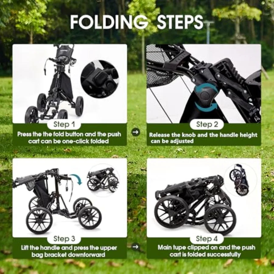 Folding Golf Push Cart 4-Wheels Adjustable Height Handle Cup Holder Umbrella Holder Cooler Bag One-Click Foldable Walking Push