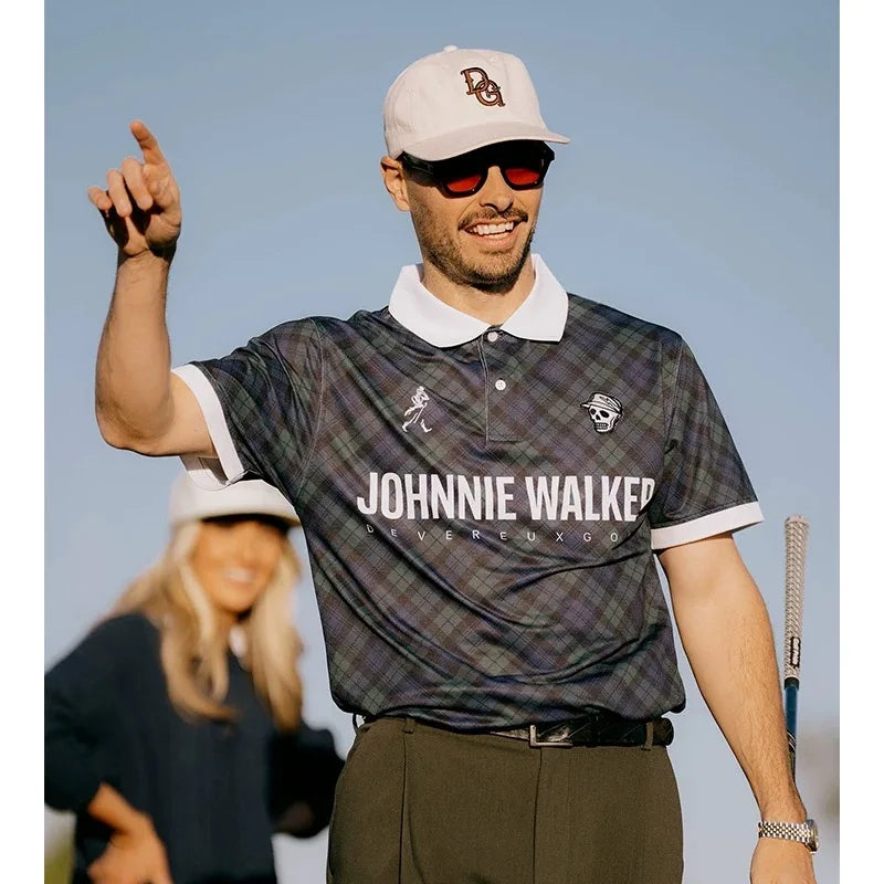 Golf quick dry blue and green plaid portrait embroidered casual short sleeve T-shirt POLO shirt