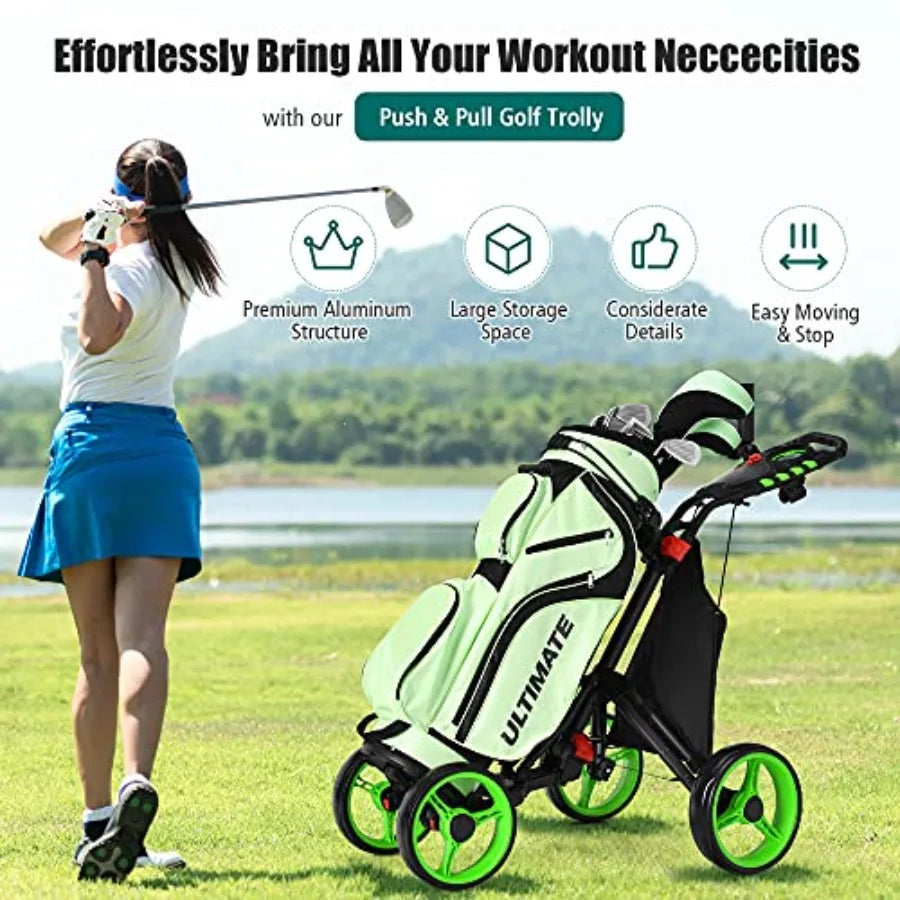 Lightweight Folding 4 Wheels Golf Push Cart with Waterproof Bag and Foot Brake Height-Adjustable Handle Free Cup and Adjustable