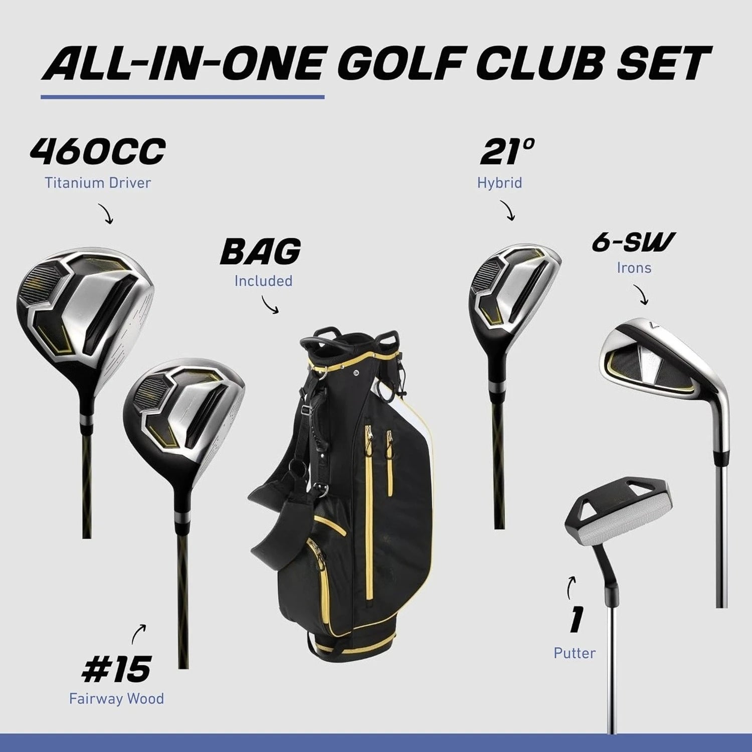 Men’s 17-Piece Golf Set – Driver, Woods, Hybrids, Irons (6-SW), Putter, Stand Bag, 4 Headcovers and Rainhood