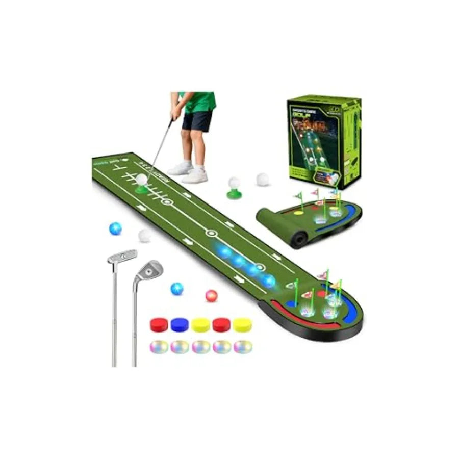 Indoor Outdoor Golf Putting Mat for 7.8 Ft with LED Light Up Holes Glowing Balls 2 Clubs Toy Golf Game Set Green Sport Training