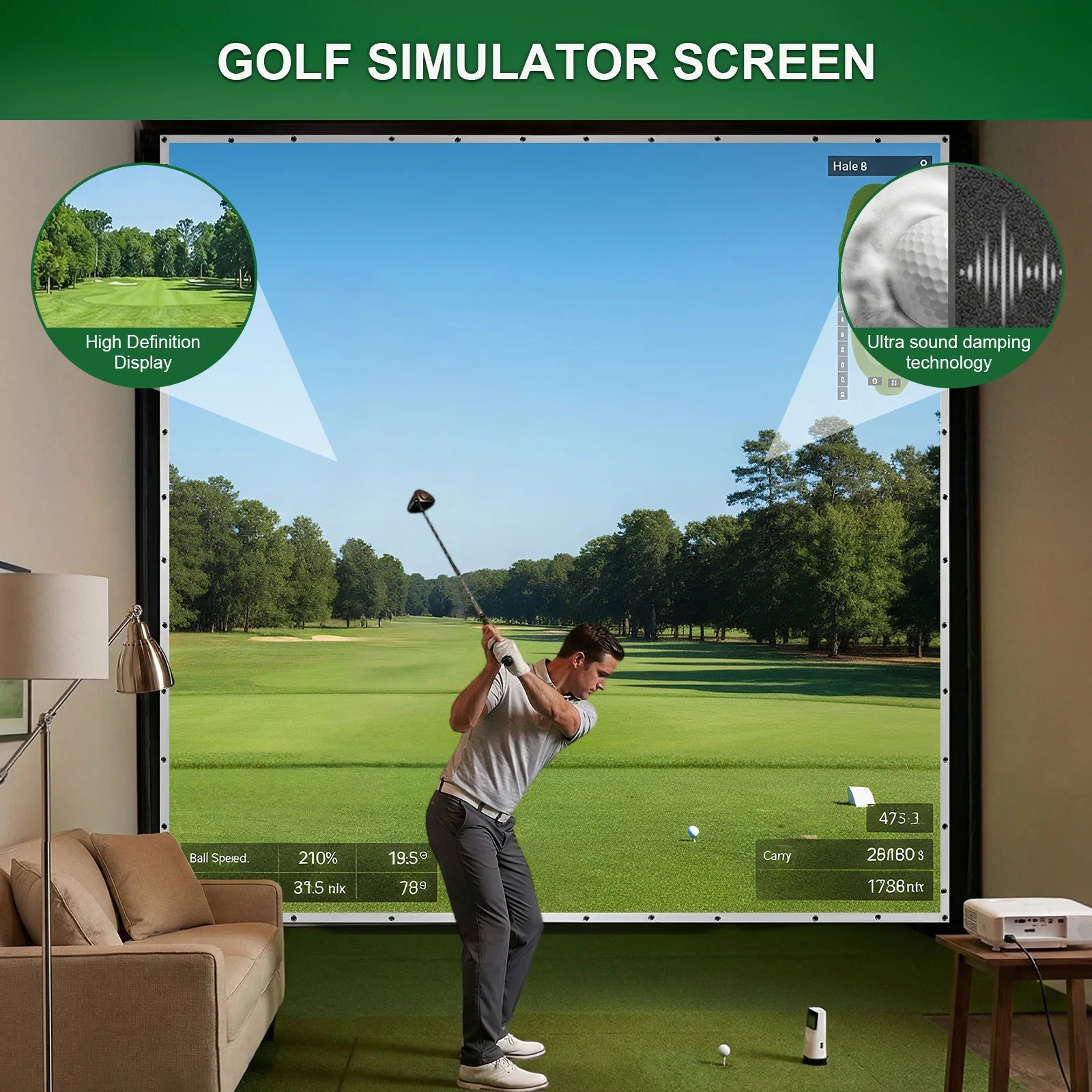 Washable Golf Impact Screen with Bungee Cords Silent Golf Practice Simulator Backdrop for Golf Training Equipment Indoor/Outdoor