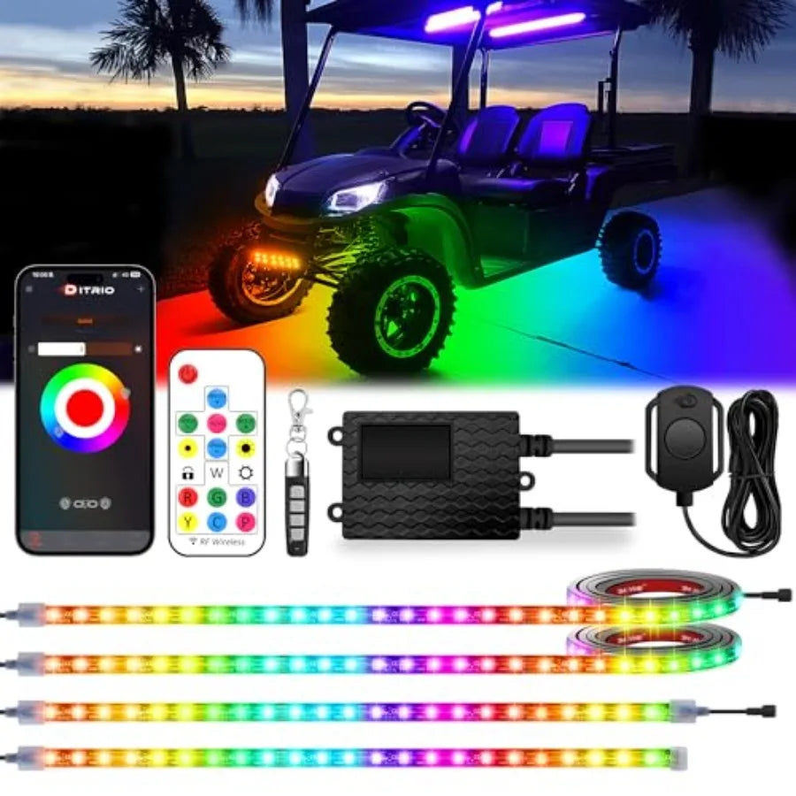 4PCS 12V-72V Golf Cart Lights RGB Led Underglow Light Kit with 2 Remotes and App Control Voltage Reducer Waterproof Sound Activ