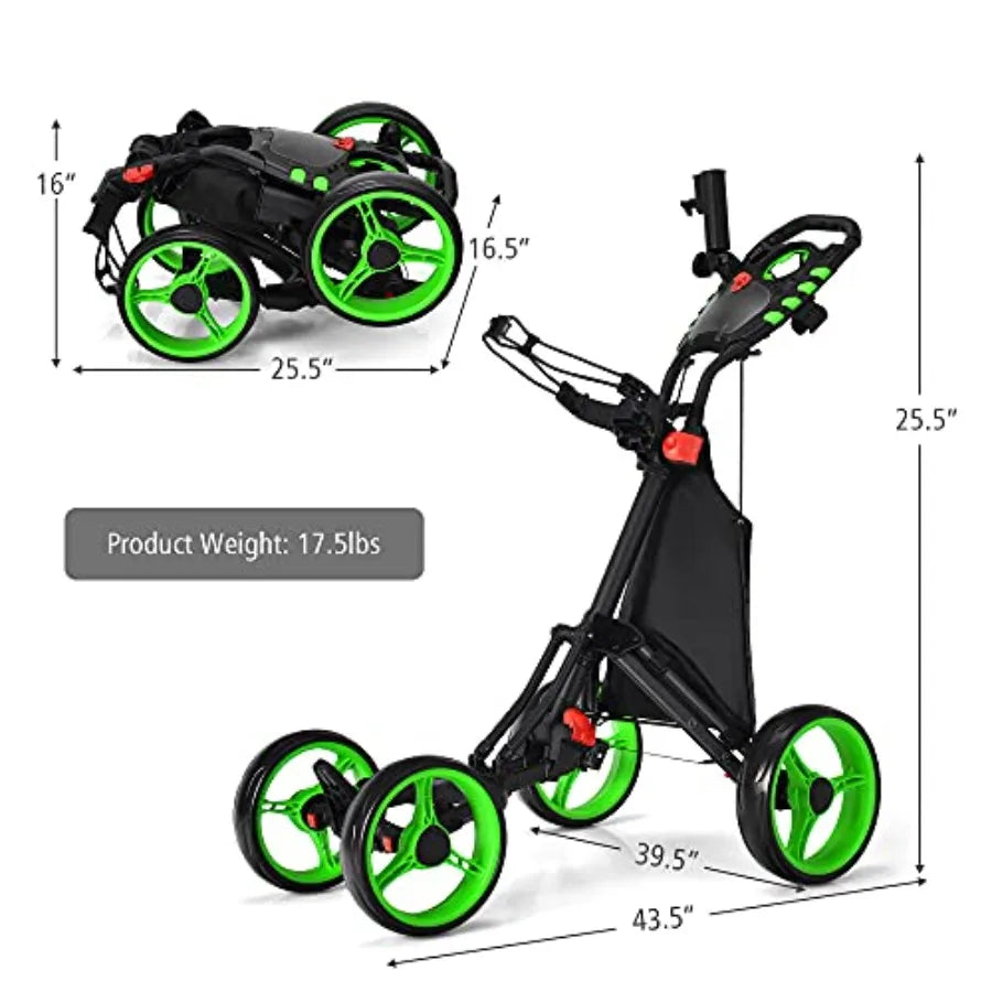 Lightweight Folding 4 Wheels Golf Push Cart with Waterproof Bag and Foot Brake Height-Adjustable Handle Free Cup and Adjustable
