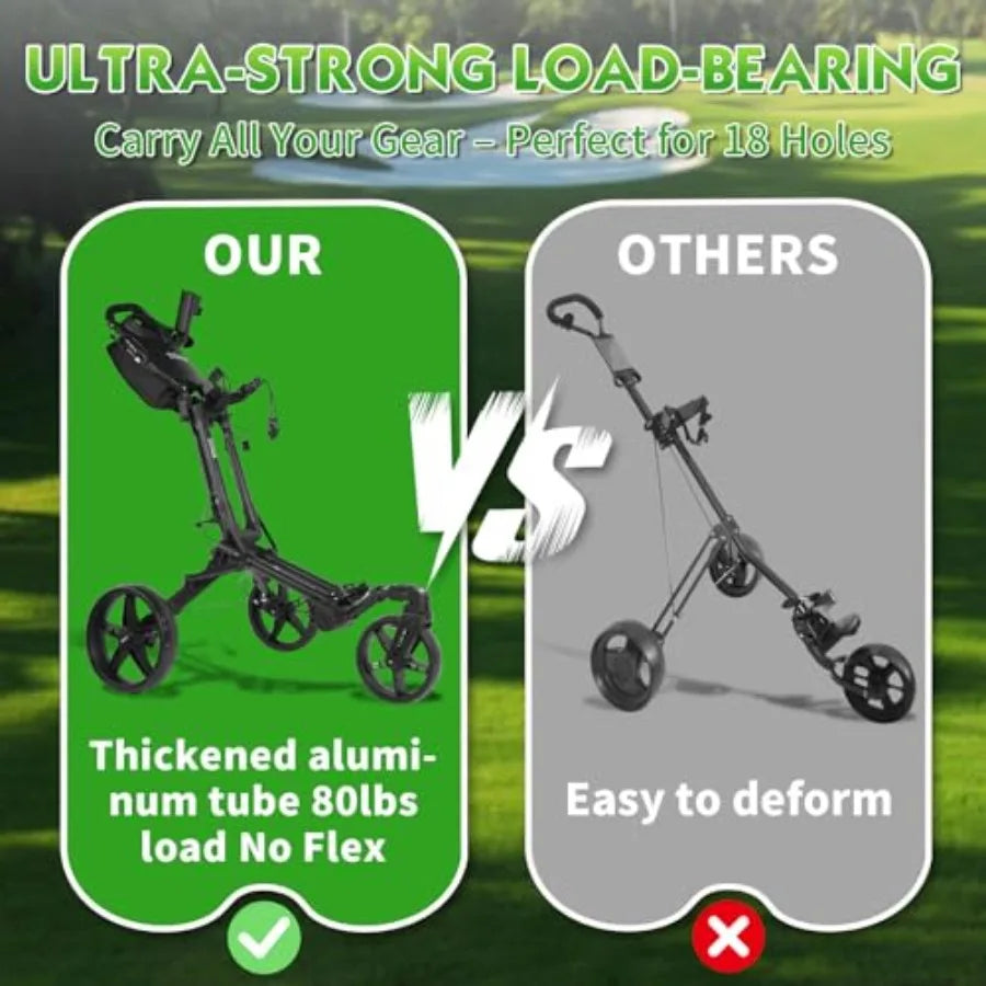 Golf Push Cart with 360 Front Wheels Handbrake 3 Wheel Pull Cart Offers One-Click Folding and All-Terrain Mobility