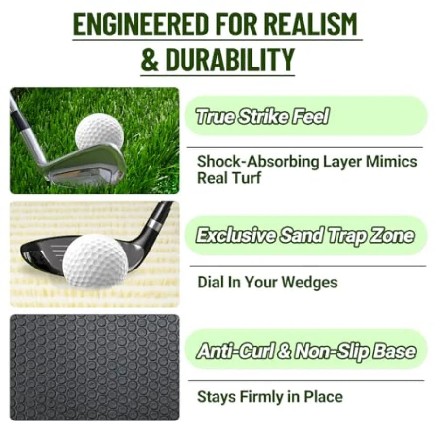 4in1 Golf Hitting Mat for Indoor and Outdoor Use: Realistic Grass and Sand Surface for Putting Driving Chipping Practice with B