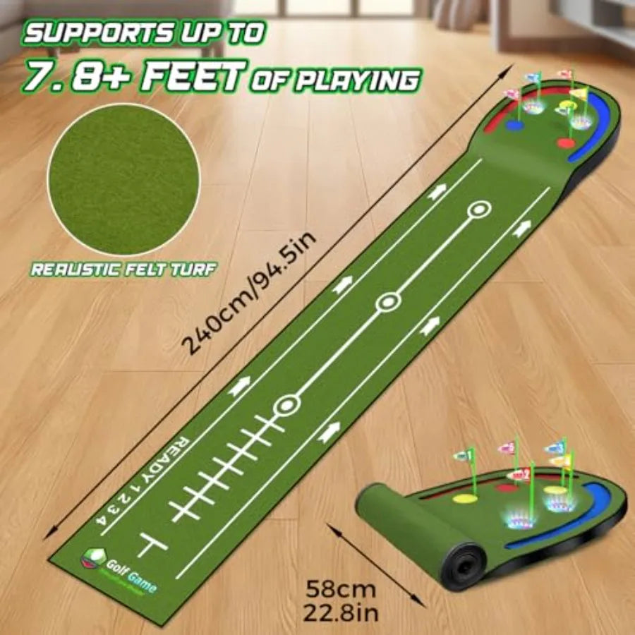 Indoor Outdoor Golf Putting Mat for 7.8 Ft with LED Light Up Holes Glowing Balls 2 Clubs Toy Golf Game Set Green Sport Training