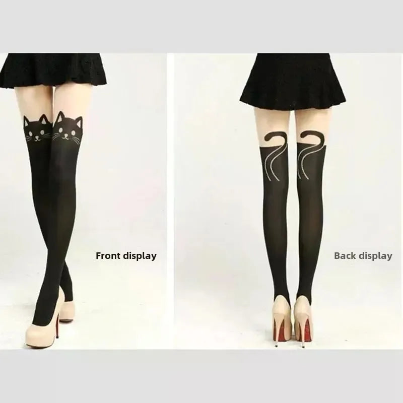 Women's Cute Black Cat Printed Silk Knee Socks Casual Thigh Cotton Warm High Over Knee Socks Cute Romantic Socks Lady Cat
