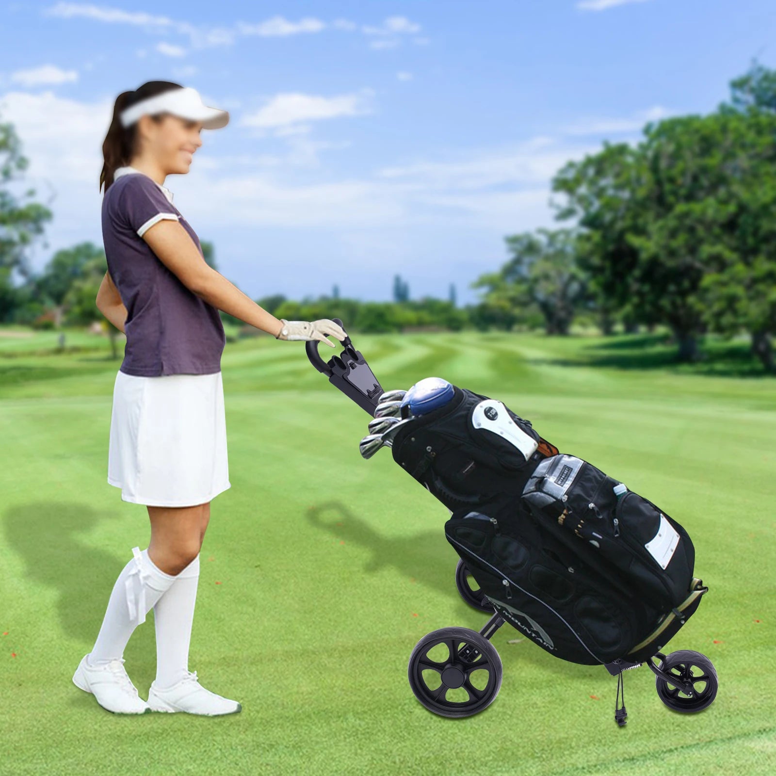3 Wheel Foldable/Collapsible Golf Push Cart with Foot Brake Open and Close in ONE Second-Free Cup Holder Included