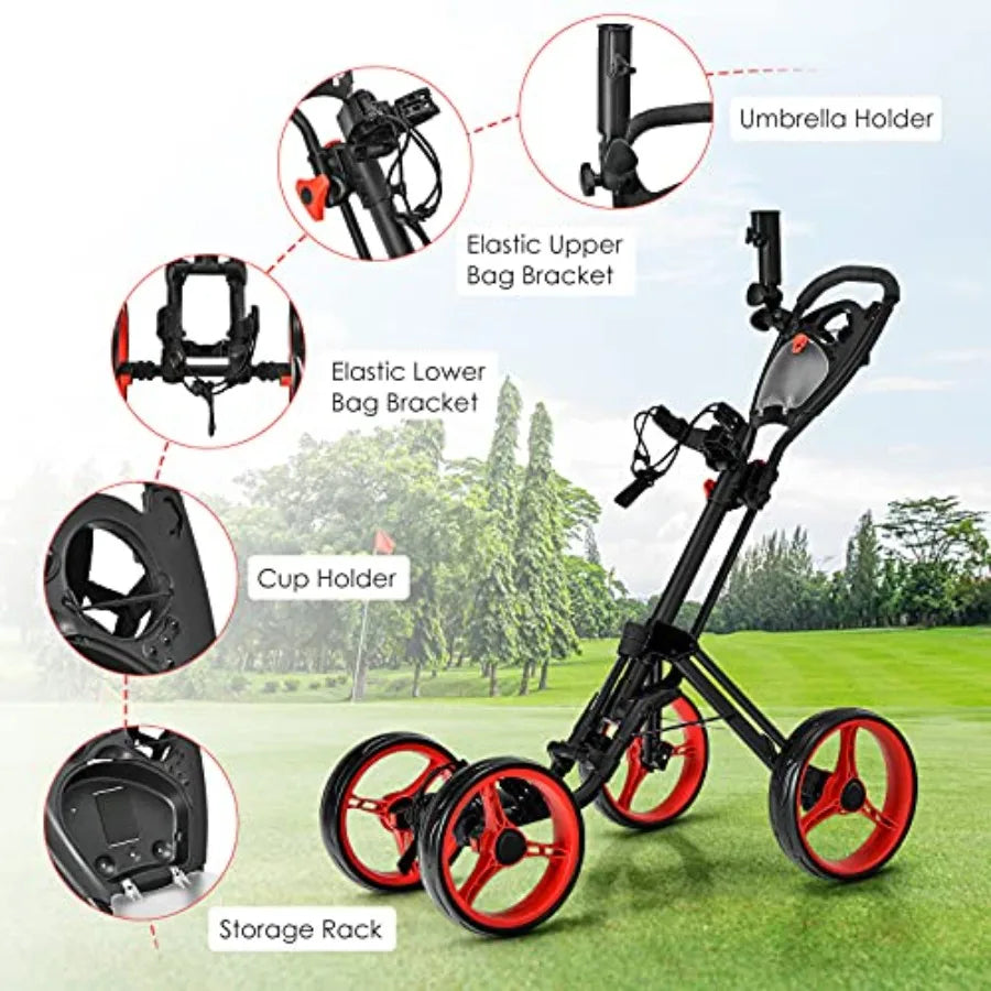 Folding Golf Push Cart 4 Wheel Height Adjustable with Flexible Umbrella Holder Cup Holder and Foot Brake Lightweight Portable G