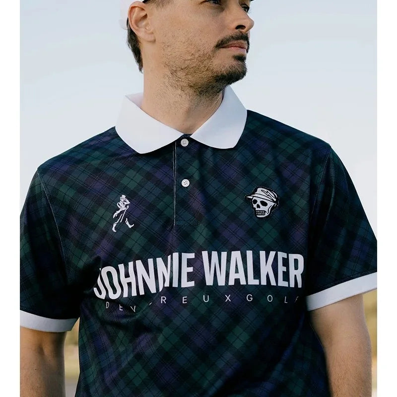 Golf quick dry blue and green plaid portrait embroidered casual short sleeve T-shirt POLO shirt