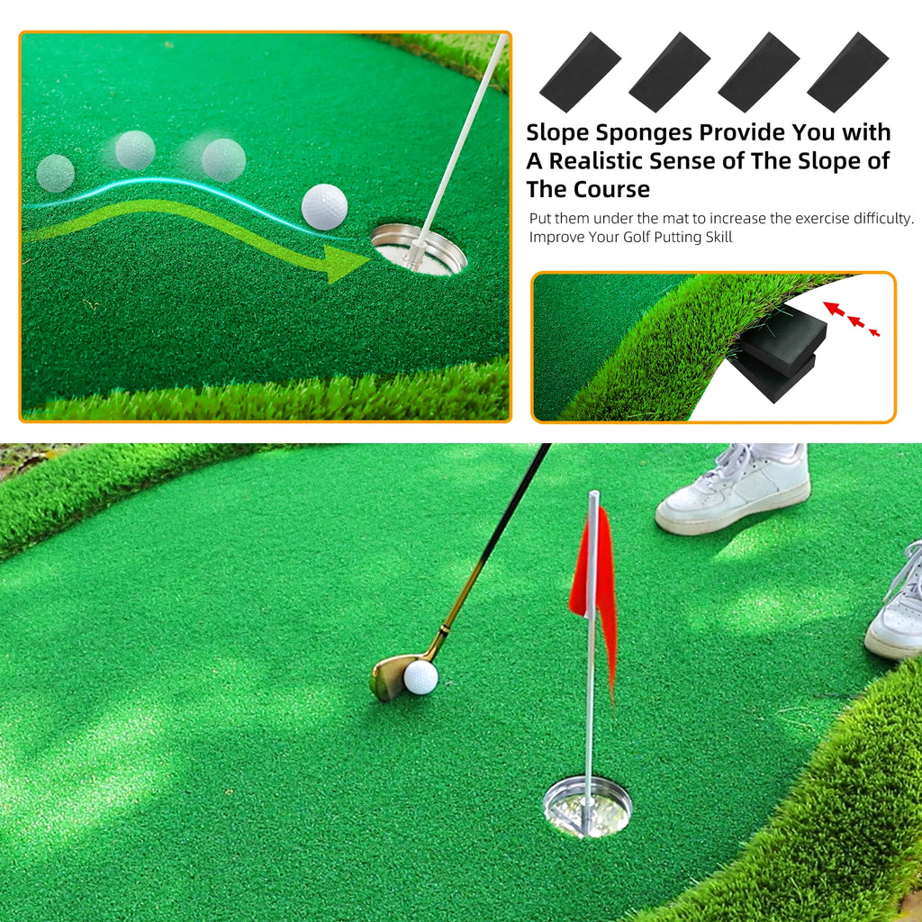 Roykaw Golf Putting Green, 5 x 10 Ft. Golf Putting Mat, Golf Practice Mat, Golf Green Mat w/ 3 Holes, Flags, Slope Sponges