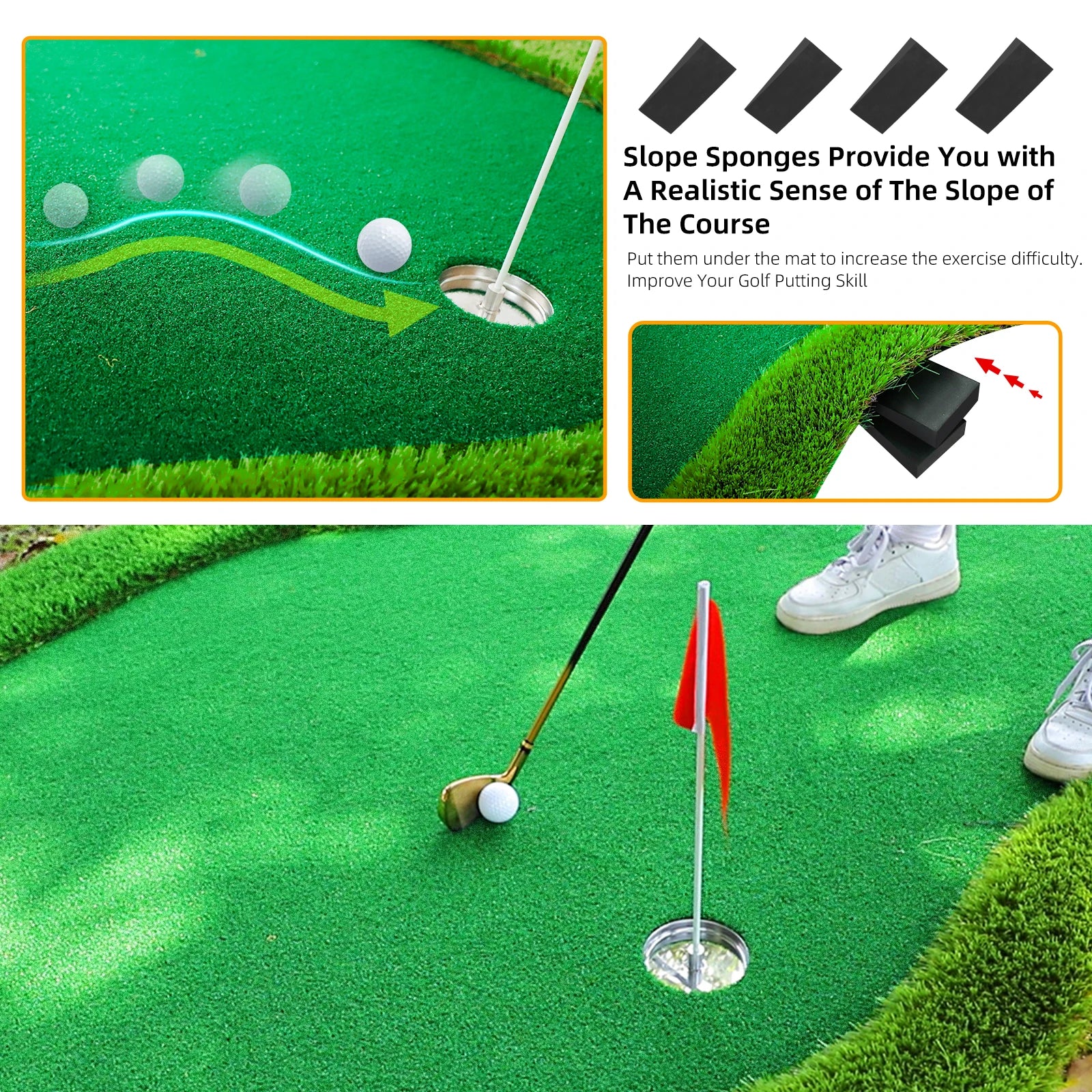 Roykaw Golf Putting Green, 5 x 10 Ft. Golf Putting Mat, Golf Practice Mat, Golf Green Mat w/ 3 Holes, Flags, Slope Sponges