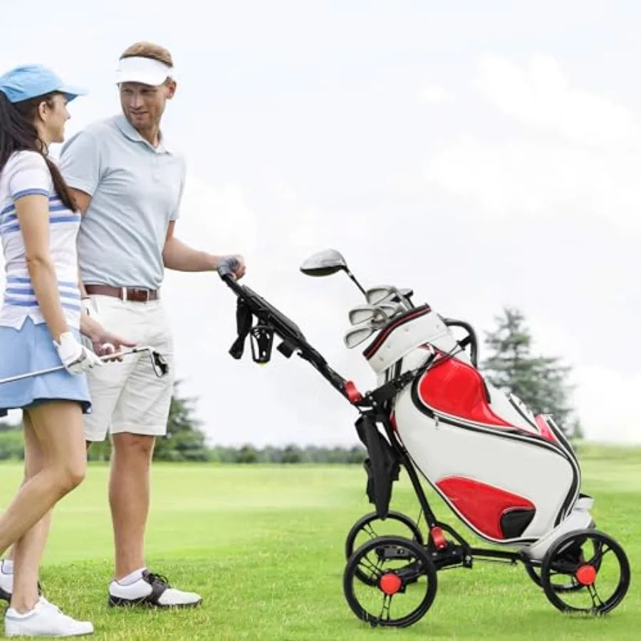 4-Wheel Golf Push Cart 1-Click Folding 300 lbs Load Capacity Large Storage with Cup Holder Cooler Bag 10 Durable Wheels with Br