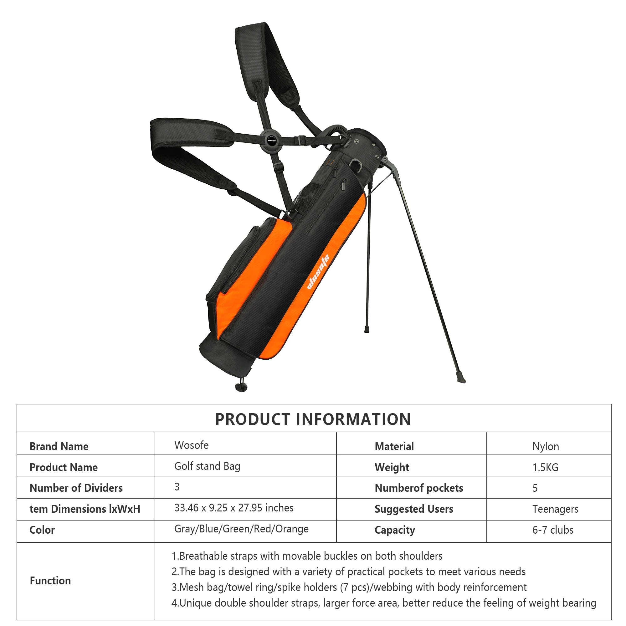 Lightweight Golf Stand Bag for Driving Range & Executive Courses, 2/3 Way Divider Sunday Carry Bag with Auto-Pop Stand, 5 Pocket